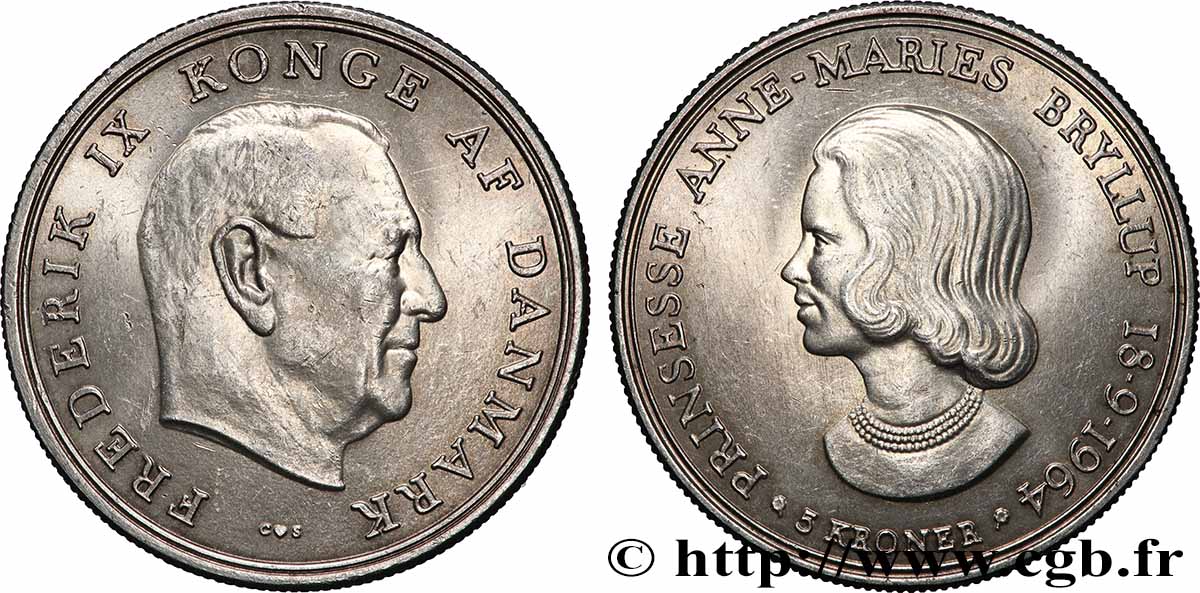 DINAMARCA 5 Kroner mariage de la princesse Anne-Marie 1964 Copenhague SPL