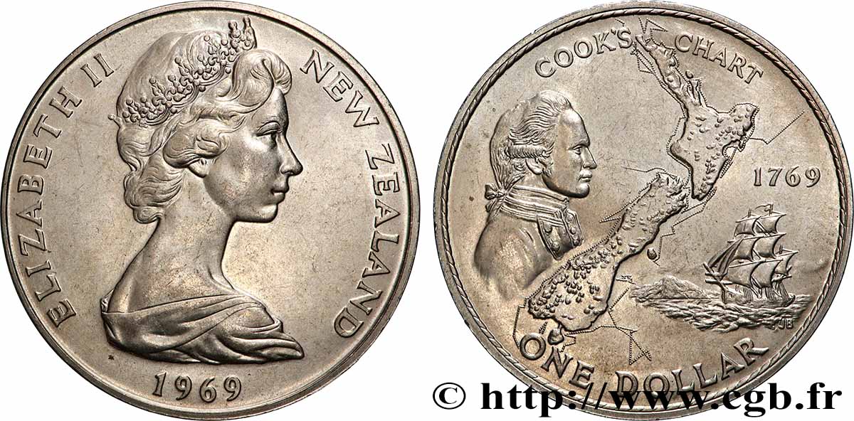NUOVA ZELANDA
1 Dollar Elisabeth II / 200e anniversaire du voyage du capitaine Cook 1969 Camberra SPL