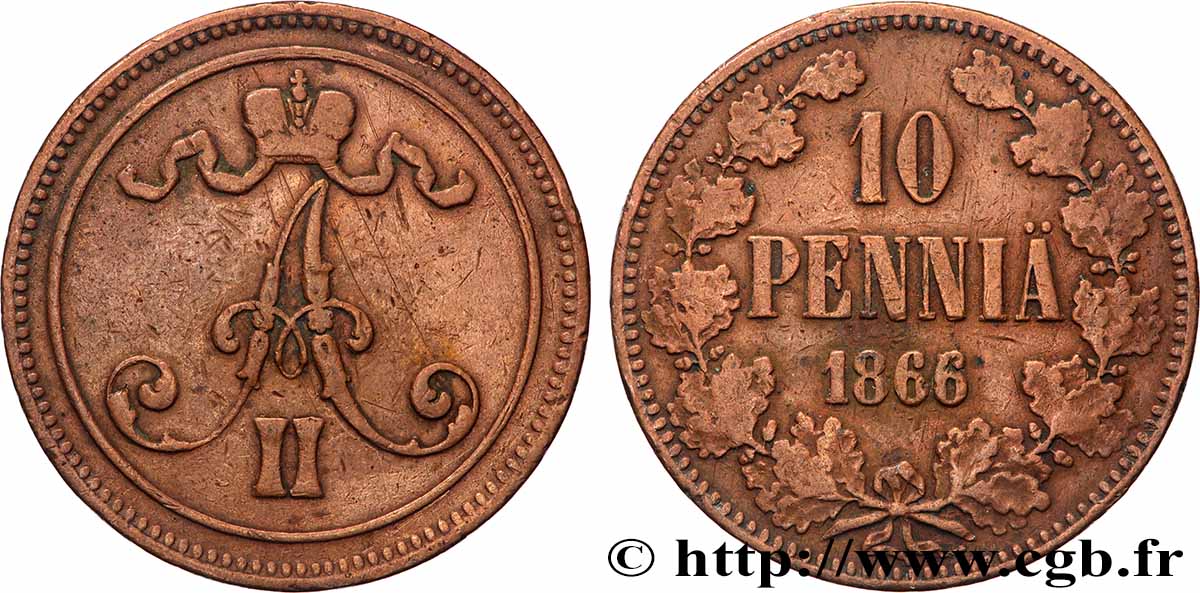 FINLANDIA 10 Pennia monogramme Alexandre II 1866 q.BB