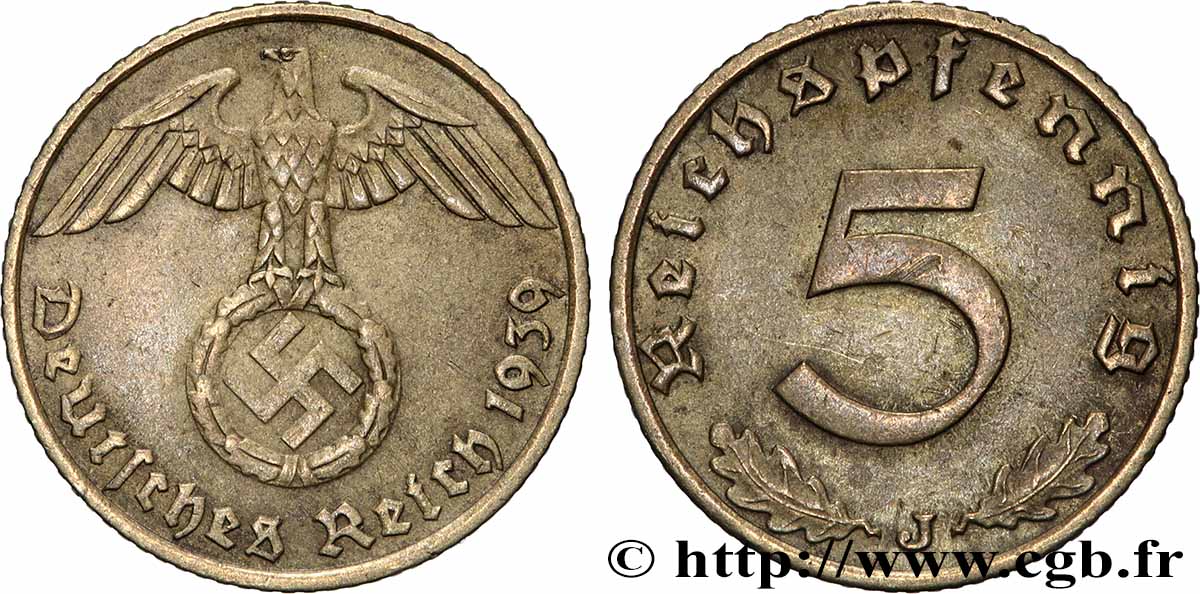 GERMANY 5 Reichspfennig 1939 Hambourg XF