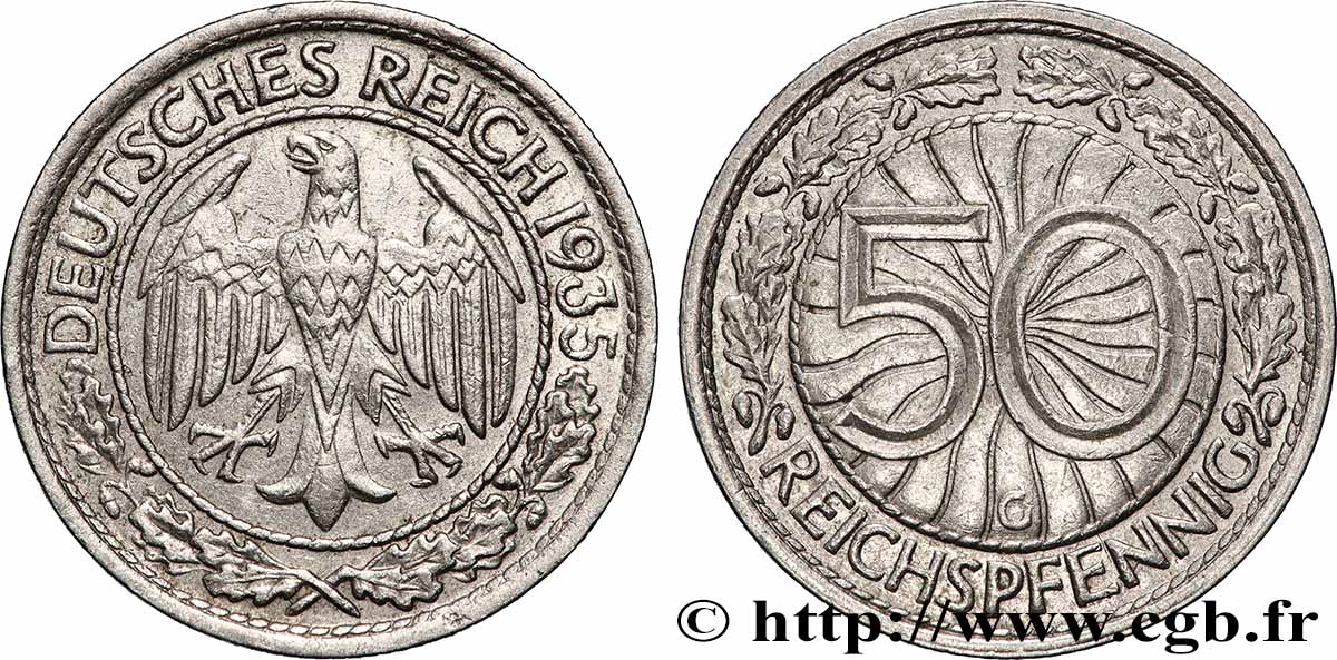 ALEMANIA 50 Reichspfennig aigle héraldique 1935 Karlsruhe MBC+