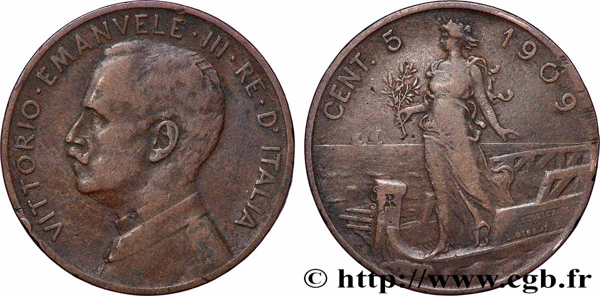 ITALY 5 Centesimi Victor Emmanuel III 1909 Rome VF