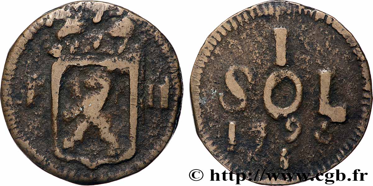 LUXEMBOURG 1 Sol emblème frappe au nom de François II (monnaie de siège) 1796 VF