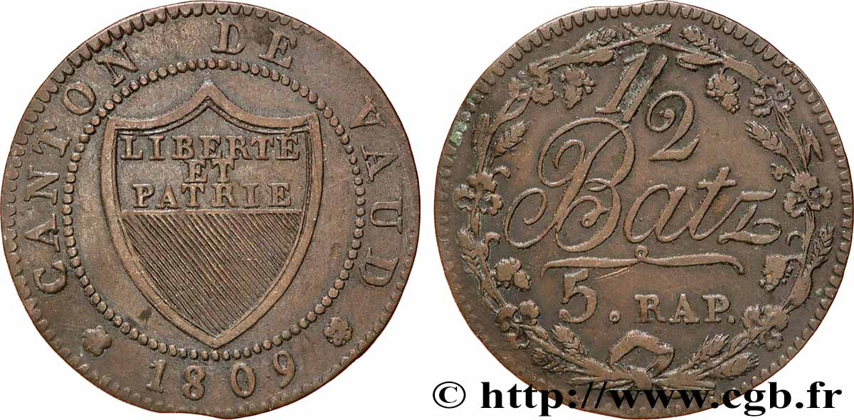 SUIZA - CANTÓN DE VAUD 1/2 Batzen 1809 MBC