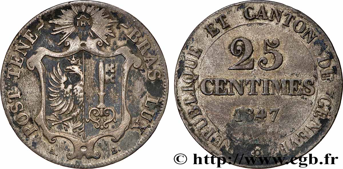 SWITZERLAND - REPUBLIC OF GENEVA 25 Centimes 1847 XF