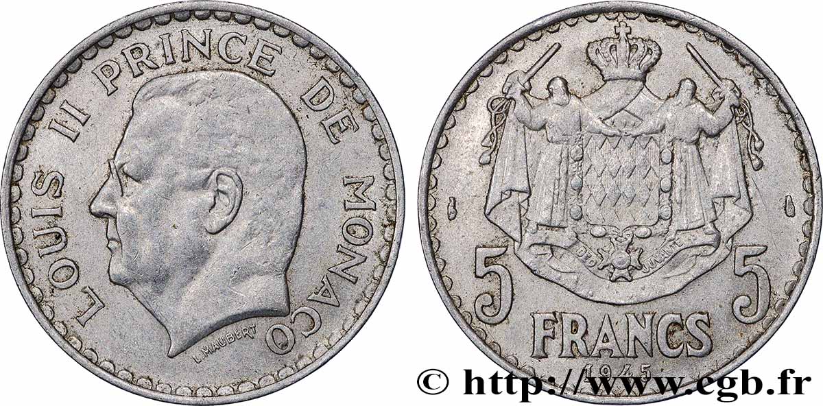 MONACO 5 Francs Louis II 1945 Paris XF