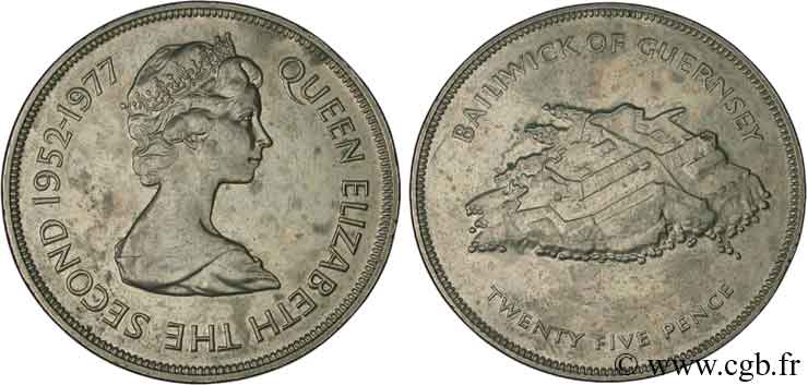GUERNSEY 25 Pence Elisabeth II, jubilé d’argent / Castle Cornet 1977  VZ 