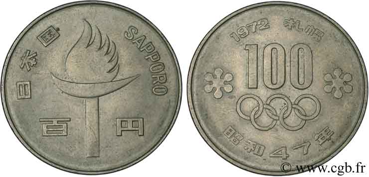 JAPON 100 Yen J.O. d’hiver de Sapporo, flamme olympique 1972  SUP 