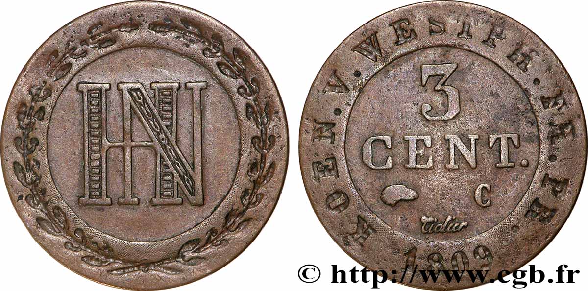 ALLEMAGNE - ROYAUME DE WESTPHALIE 3 Cent. Jérôme Napoléon 1809 Cassel - C TTB