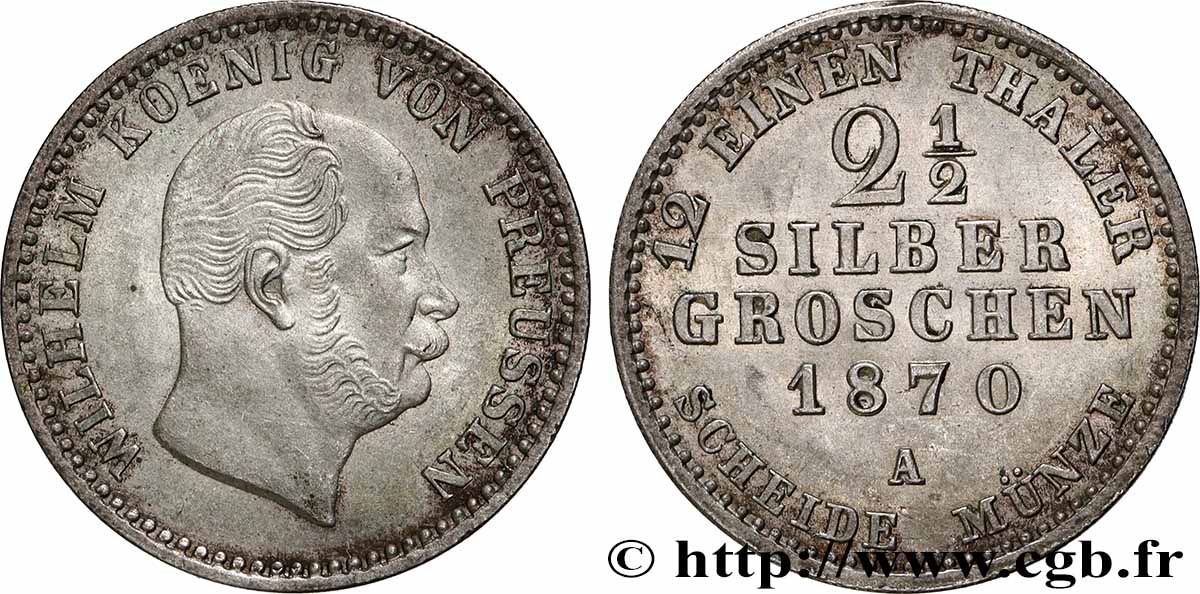 GERMANY - PRUSSIA 2 1/2 Silbergroschen (1/12 Thaler) Guillaume 1870 Berlin AU