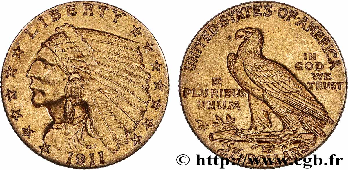 ÉTATS-UNIS D AMÉRIQUE 2 1/2 Dollars Indian Head 1911 Philadelphie TTB+