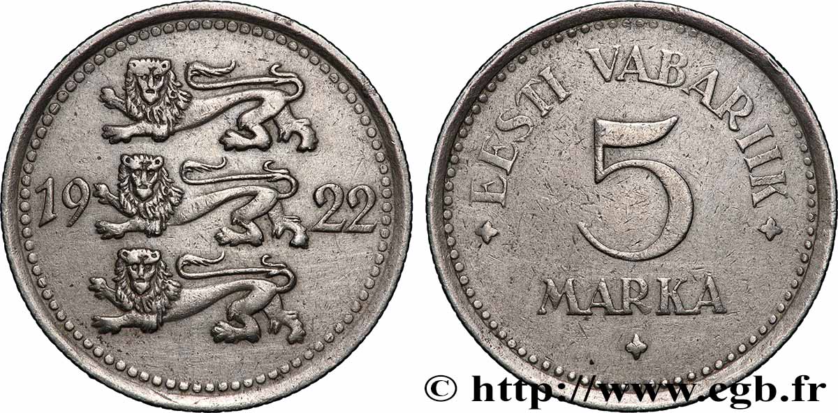 ESTONIE 5 Marka emblème aux 3 lions 1922 Aron Hirsch HKM, Berlin TTB+