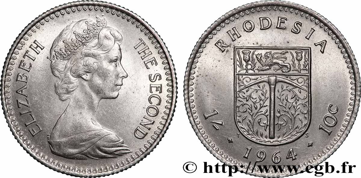 RHODESIEN 1 Shilling (10 Cents) Elisabeth II / blason 1964 Pretoria VZ