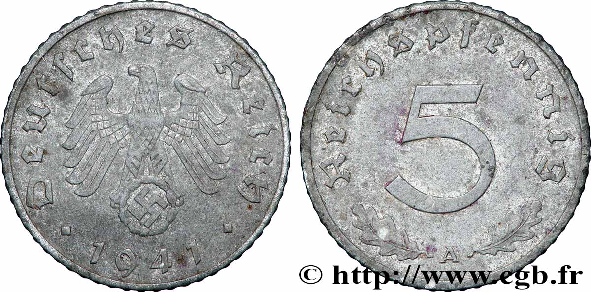 DEUTSCHLAND 5 Reichspfennig aigle surmontant une swastika 1941 Berlin fVZ