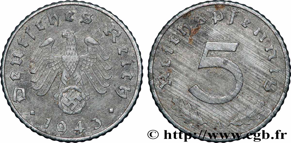 DEUTSCHLAND 5 Reichspfennig aigle surmontant une swastika 1943 Berlin SS