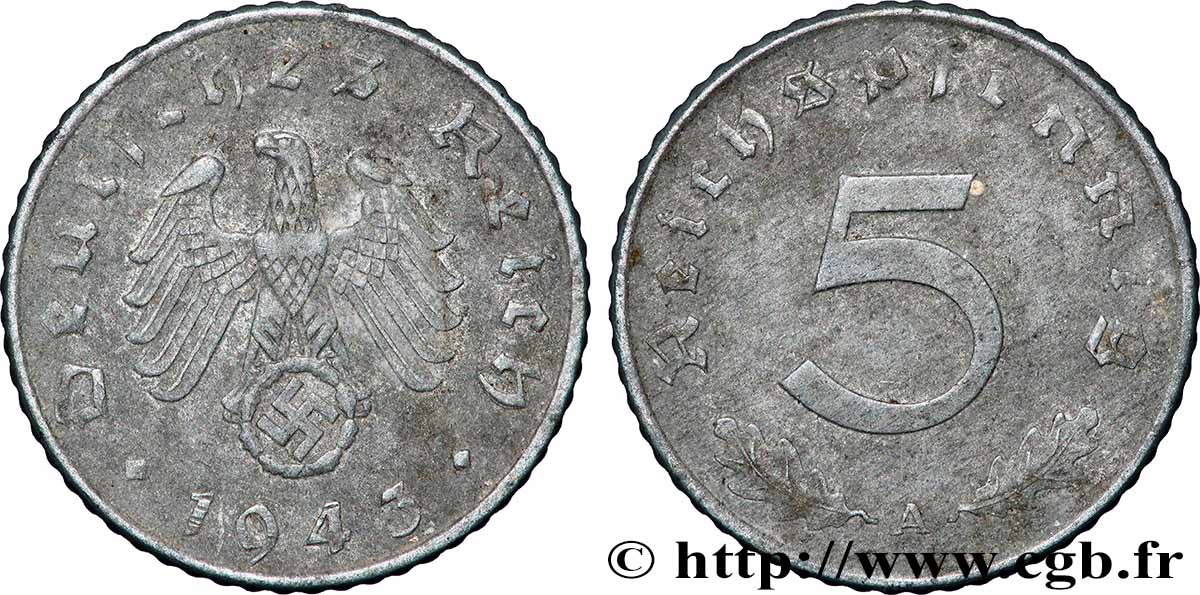 ALLEMAGNE 5 Reichspfennig aigle surmontant une swastika 1943 Berlin TTB