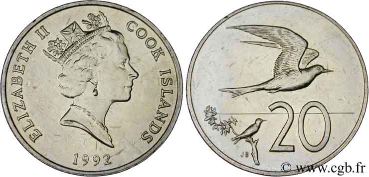 ÎLES COOK  20 Cents Elisabeth II / sterne néréis 1992  SPL 
