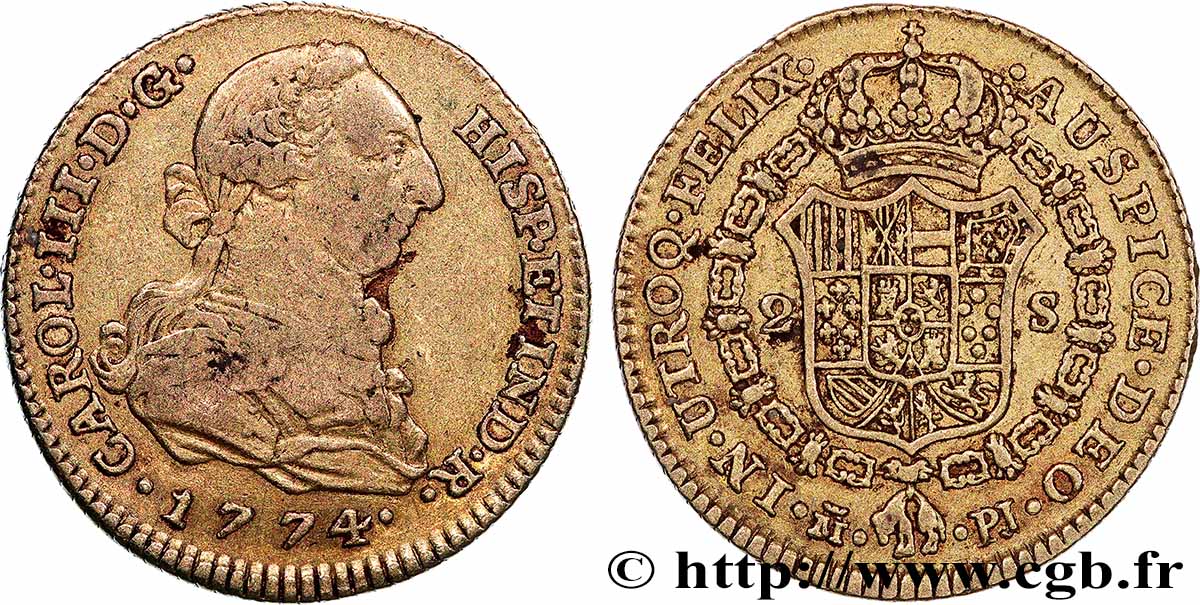 ESPAGNE - ROYAUME D ESPAGNE - CHARLES III 2 escudos 1774 Madrid TTB