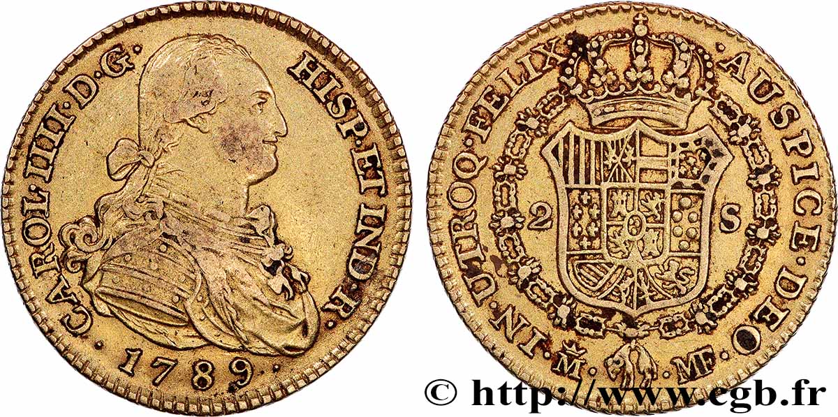 ESPAGNE - ROYAUME D ESPAGNE - CHARLES IV 2 Escudos 1789 Madrid TTB