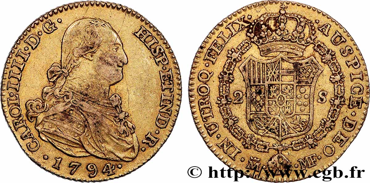 ESPAGNE - ROYAUME D ESPAGNE - CHARLES IV 2 Escudos 1794 Madrid TTB