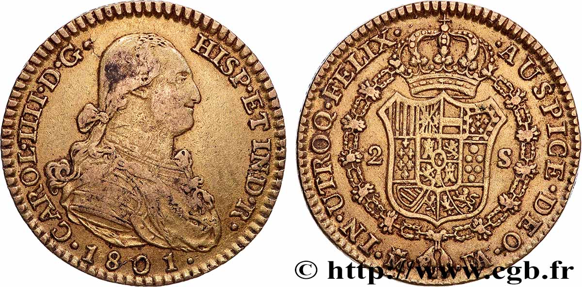 ESPAGNE - ROYAUME D ESPAGNE - CHARLES IV 2 Escudos 1801 Madrid TTB