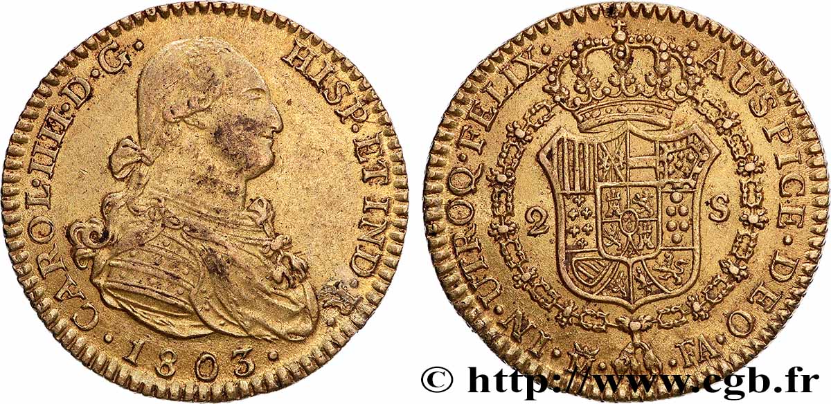 ESPAGNE - ROYAUME D ESPAGNE - CHARLES IV 2 Escudos 1803 Madrid TTB