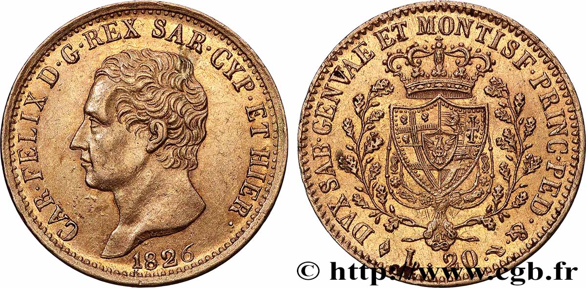 ITALIE - ROYAUME DE SARDAIGNE - CHARLES-FÉLIX 20 Lire 1826 Turin SUP