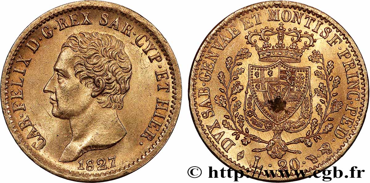 ITALIE - ROYAUME DE SARDAIGNE - CHARLES-FÉLIX 20 Lire 1827 Turin SUP