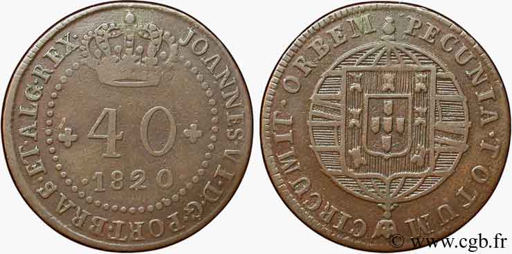 MOZAMBIQUE 40 Reis Jean VI (Joao) type à 47 perles 1821 Rio de Janeiro TTB+ 