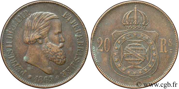 BRÉSIL 20 Réis  Empereur Pierre II 1869  SUP 