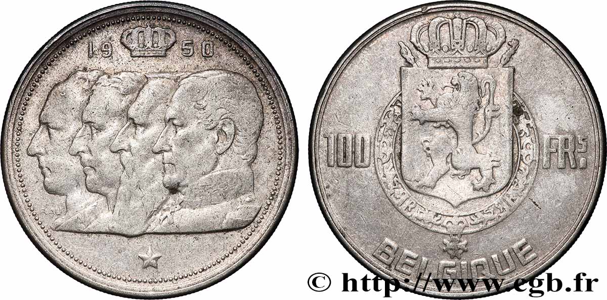BELGIQUE 100 Francs portraits des quatre rois de Belgique, légende française 1950 Bruxelles TB+