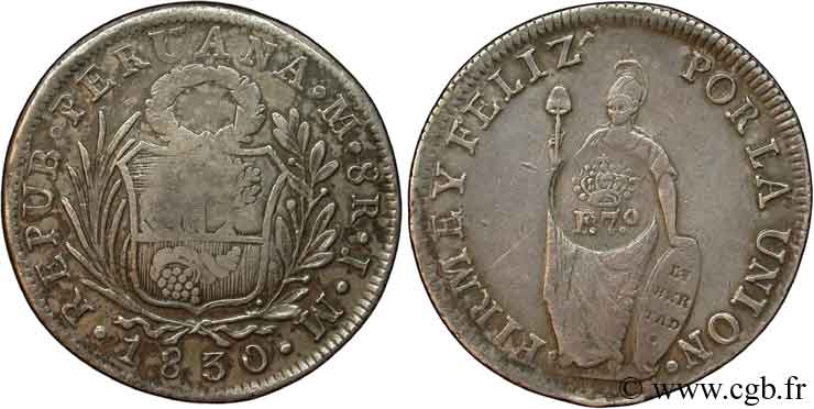 PHILIPPINES 8 Reales contremarque du roi Ferdinand VII d’Espagne sur 8 Reales 1830 de la République du Pérou 1833 Lima TTB 