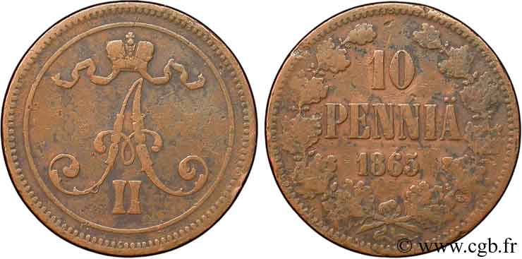 FINLANDE 10 Pennia monogramme Alexandre II 1865  TB 