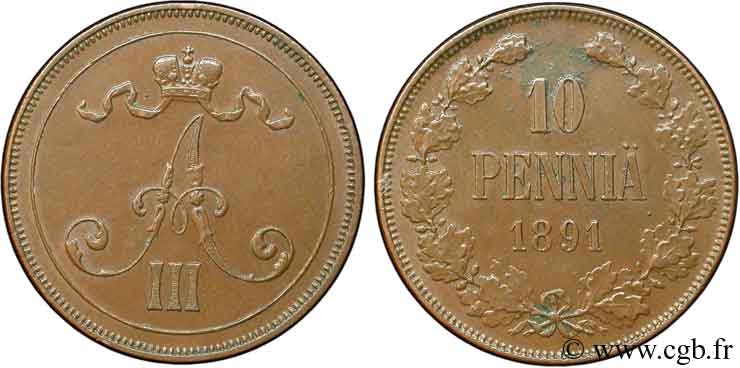FINLANDE 10 Pennia monogramme Tsar Alexandre III 1891  TTB 