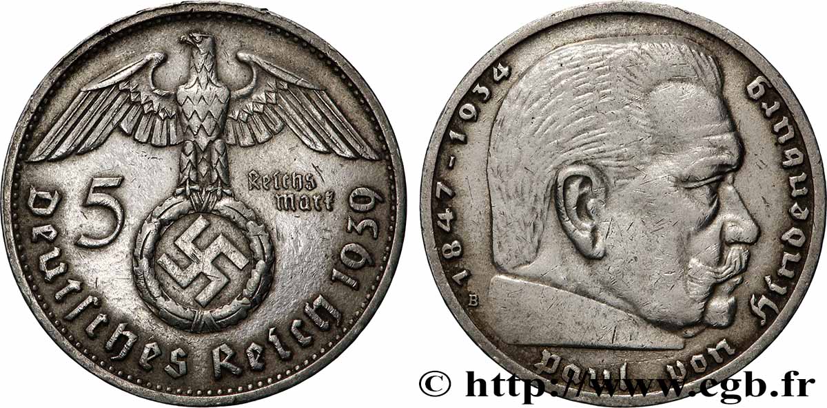 ALLEMAGNE 5 Reichsmark aigle / Maréchal Paul von Hindenburg 1939 Vienne TTB