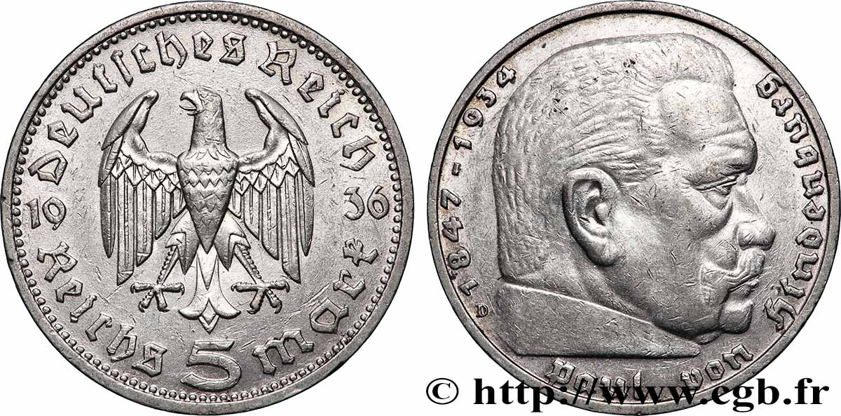 GERMANY 5 Reichsmark Maréchal Paul von Hindenburg 1936 Munich XF