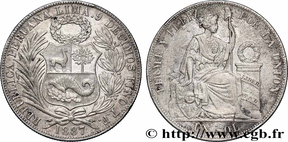 PÉROU 1 Sol “Liberté” assise 1887 Lima TB+