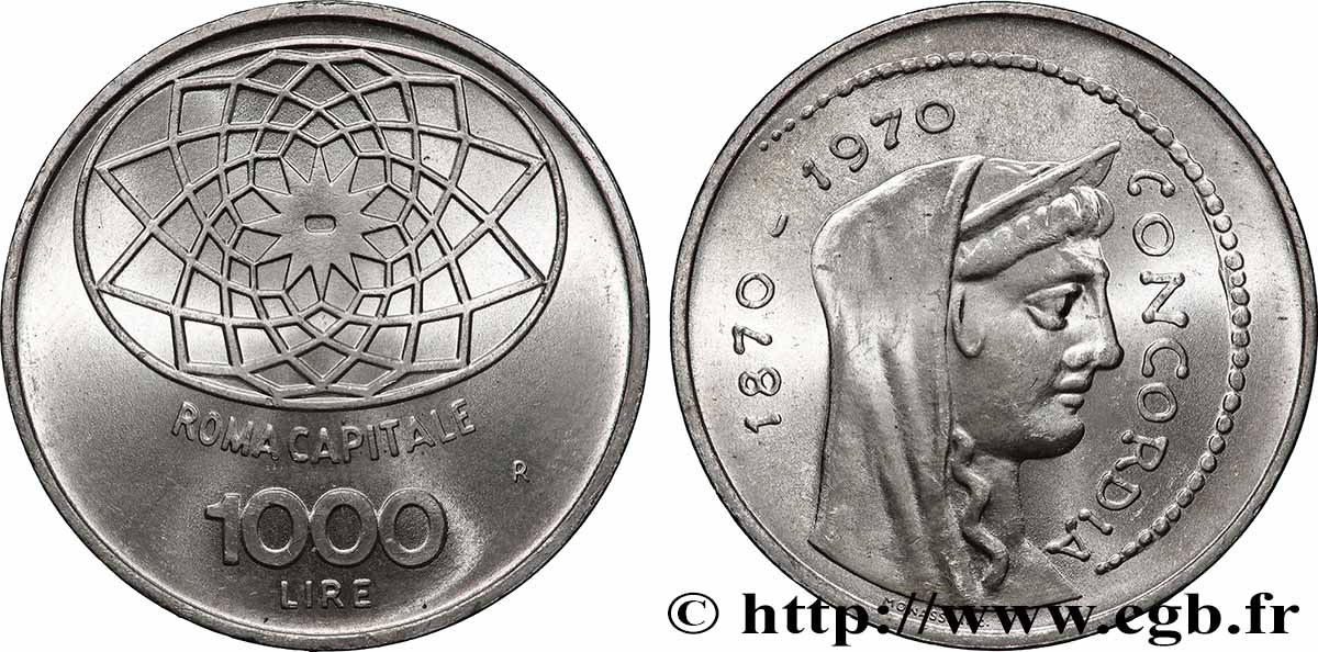ITALY 1000 Lire 100e anniversaire de Rome capitale de l’Italie 1970 Rome MS