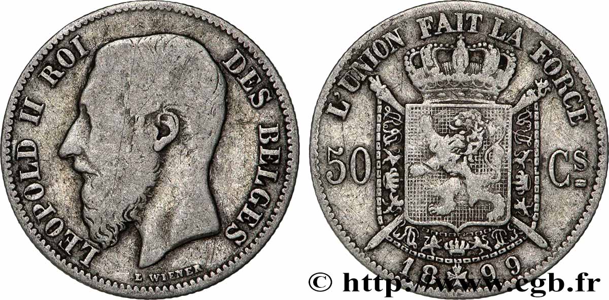BELGIQUE 50 Centimes Léopold II légende française 1899 Bruxelles TB