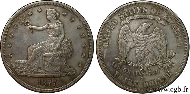 ÉTATS-UNIS D AMÉRIQUE 1 Dollar type “trade Dollar” aigle et liberté assise 1877 San Francisco - S SUP 