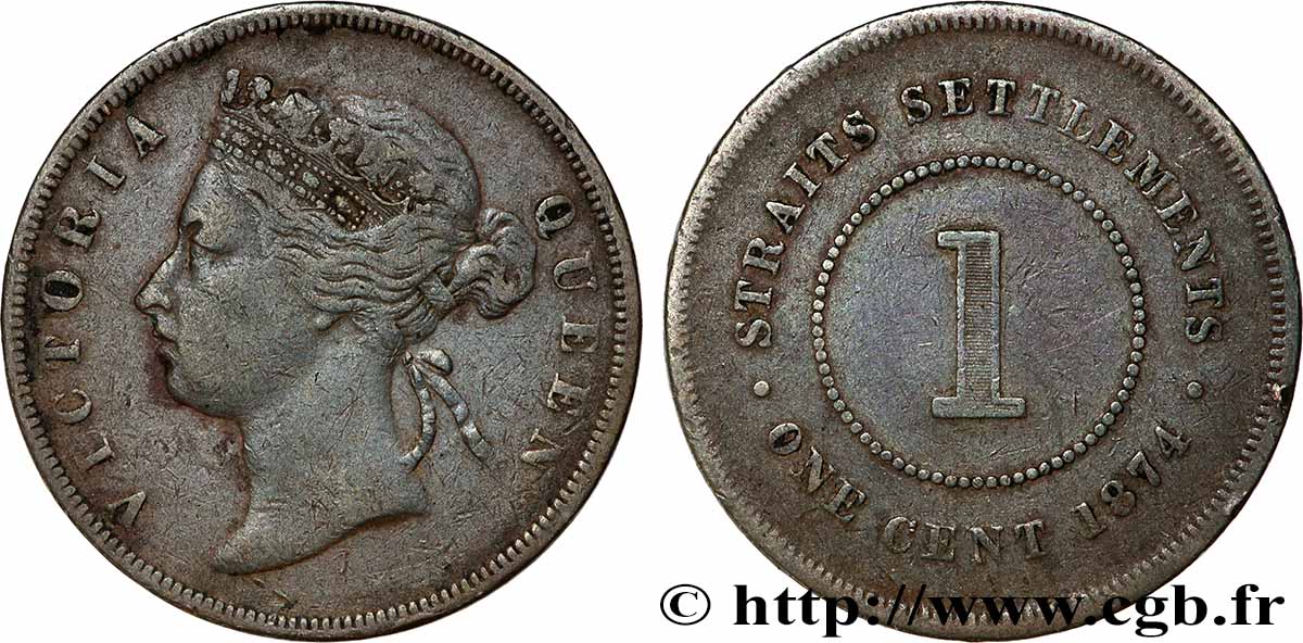 MALAISIE - ÉTABLISSEMENTS DES DÉTROITS 1 Cent Victoria 1874 Londres TB+