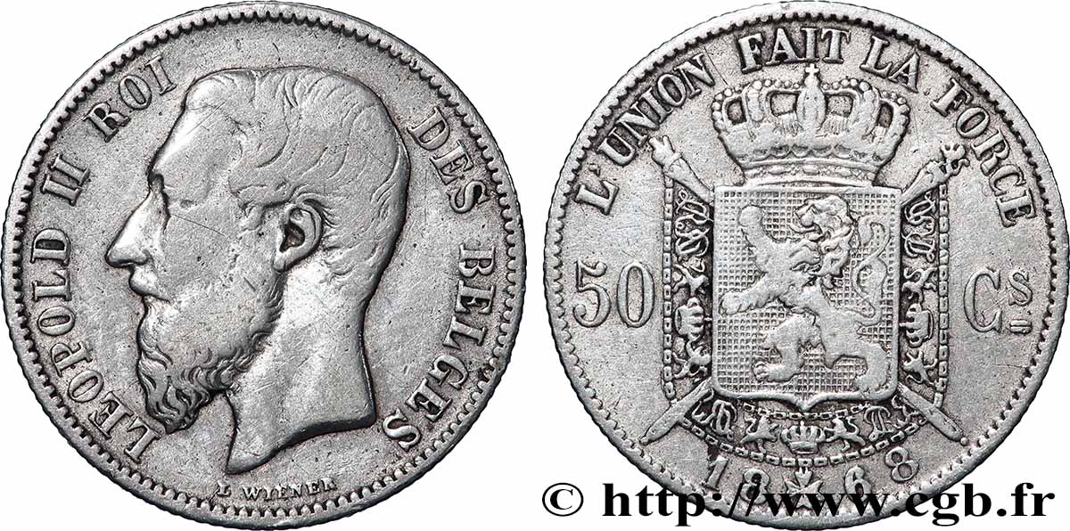 BELGIEN 50 Centimes Léopold II légende française 1868 Bruxelles S