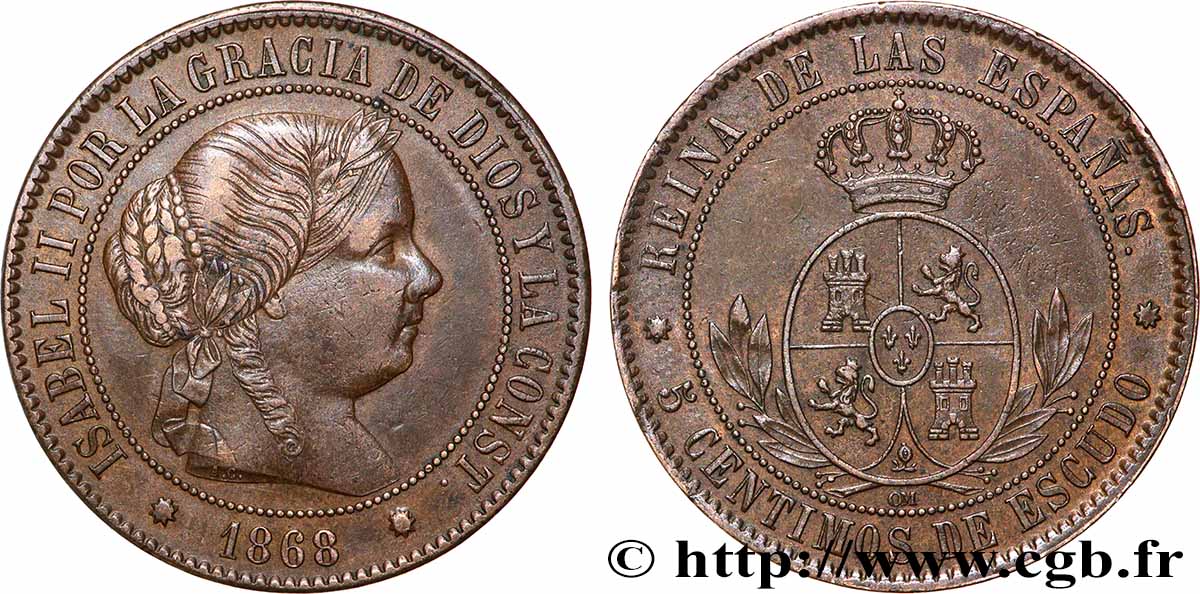 SPAIN 5 Centimos de Escudo Isabelle II 1868 Oeschger Mesdach & CO XF