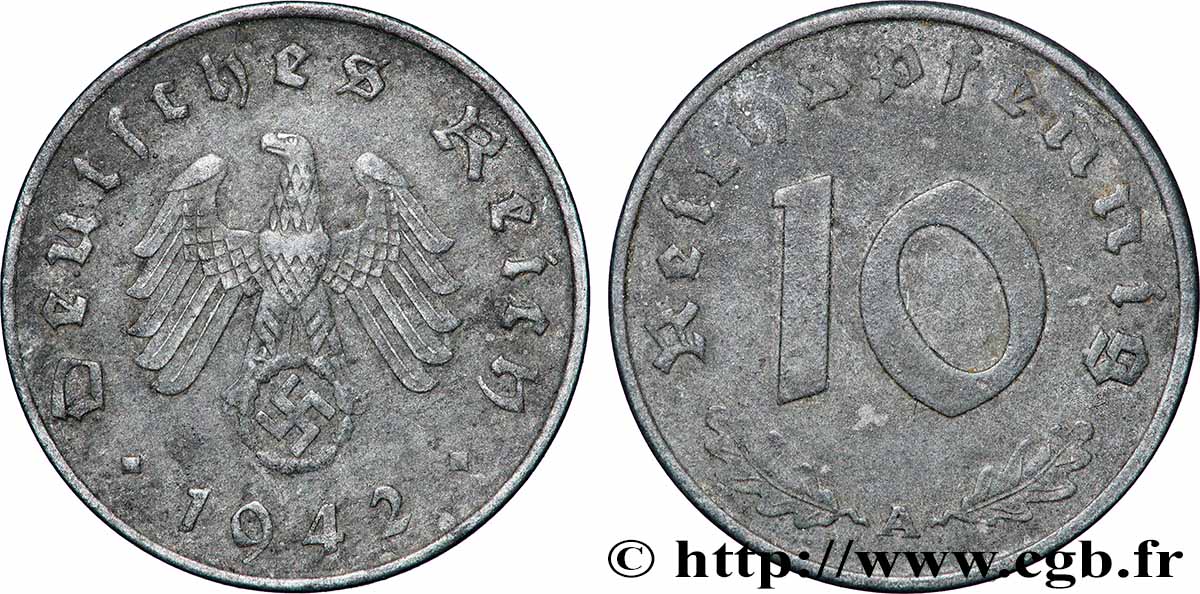 GERMANY 10 Reichspfennig aigle surmontant une swastika 1942 Berlin XF