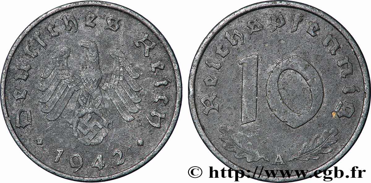 DEUTSCHLAND 10 Reichspfennig aigle surmontant une swastika 1942 Berlin SS