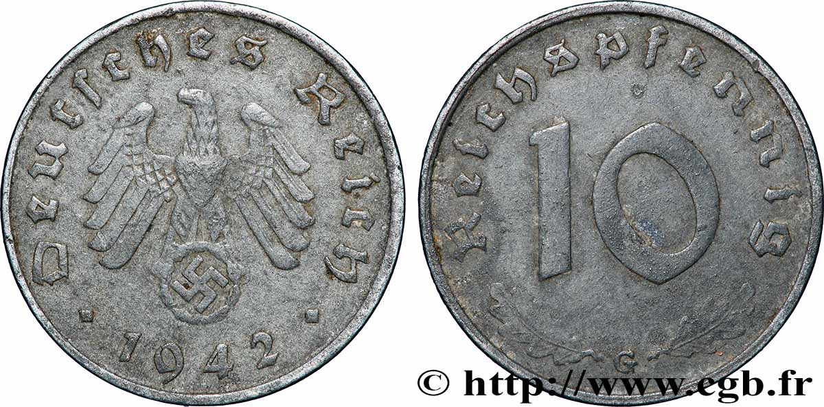 DEUTSCHLAND 10 Reichspfennig aigle surmontant une swastika 1942 Karlsruhe fSS