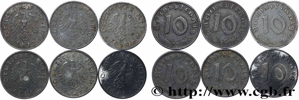 DEUTSCHLAND Lot 6 x 10 Reichspfennig aigle surmontant une swastika Années diverses Atelier divers fSS