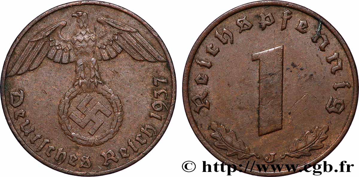 ALLEMAGNE 1 Reichspfennig aigle et swastika 1937 Hambourg TTB
