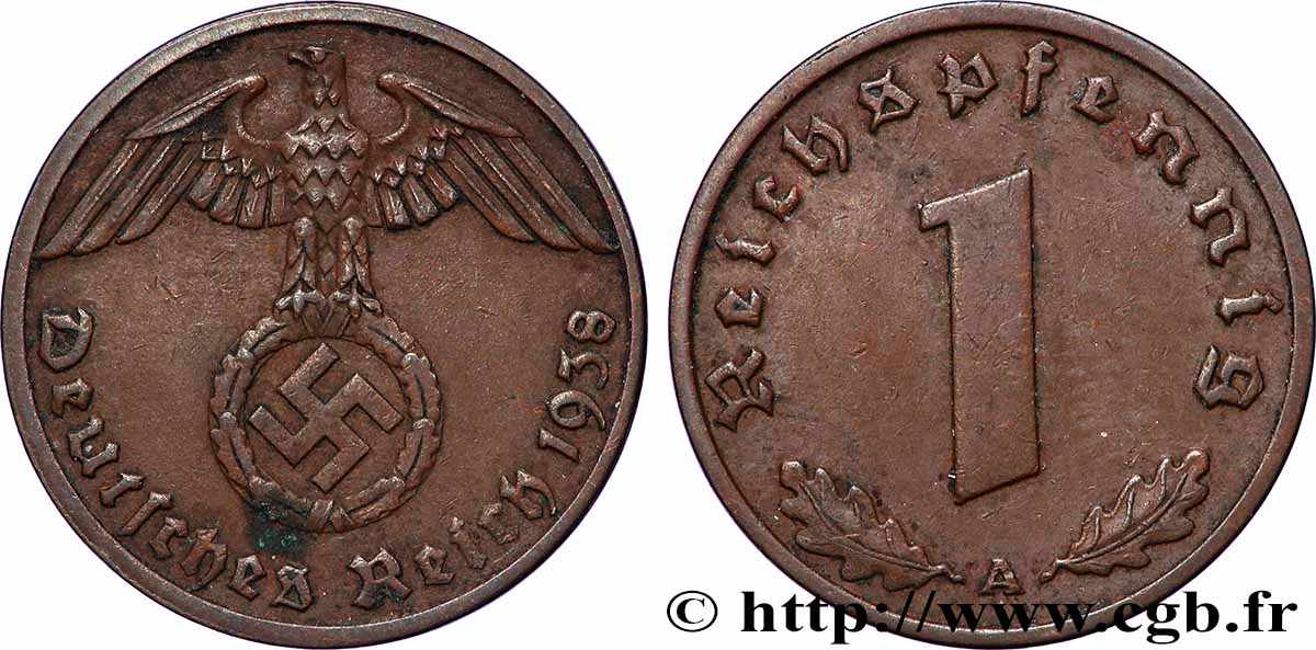 DEUTSCHLAND 1 Reichspfennig aigle et swastika 1938 Berlin fVZ