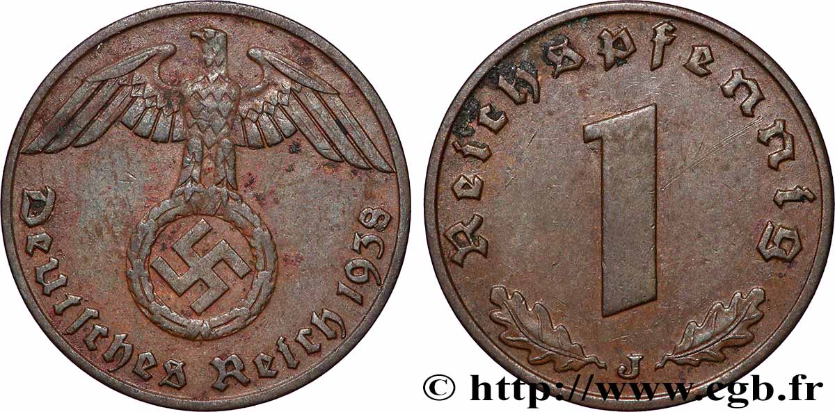 DEUTSCHLAND 1 Reichspfennig aigle et swastika 1938 Hambourg SS